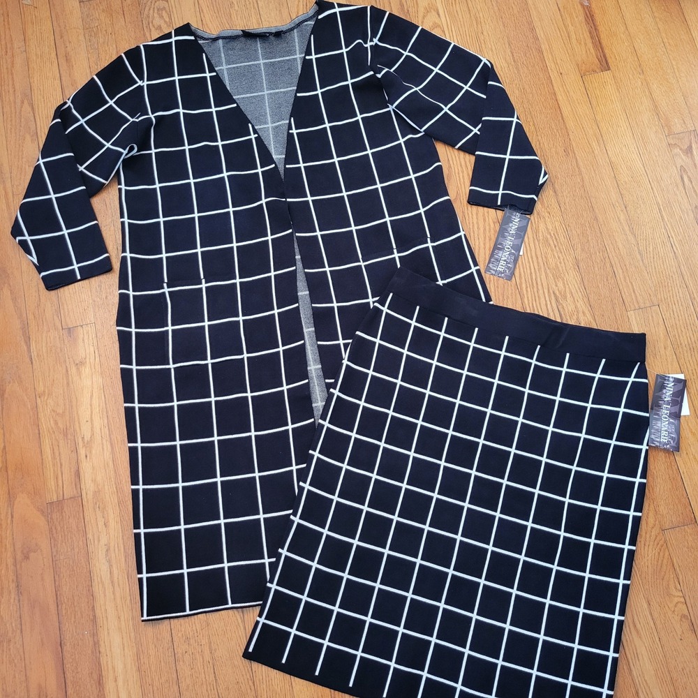 NEW Nina Leonard Black White Plaid 2 Piece Sweater Cardigan Skirt Set 1X Classic